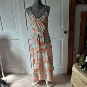 Leith Floral Print Maxi Dress in Peach and Blue